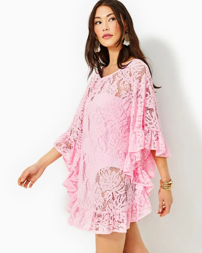 Swim Women Lilly Pulitzer Atley Ruffle CoverUp Peony Pink Paradise Found Lace