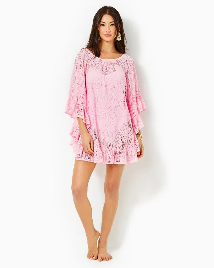 Swim Women Lilly Pulitzer Atley Ruffle CoverUp Peony Pink Paradise Found Lace