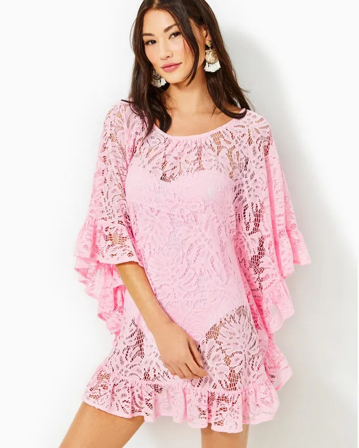 Swim Women Lilly Pulitzer Atley Ruffle CoverUp Peony Pink Paradise Found Lace