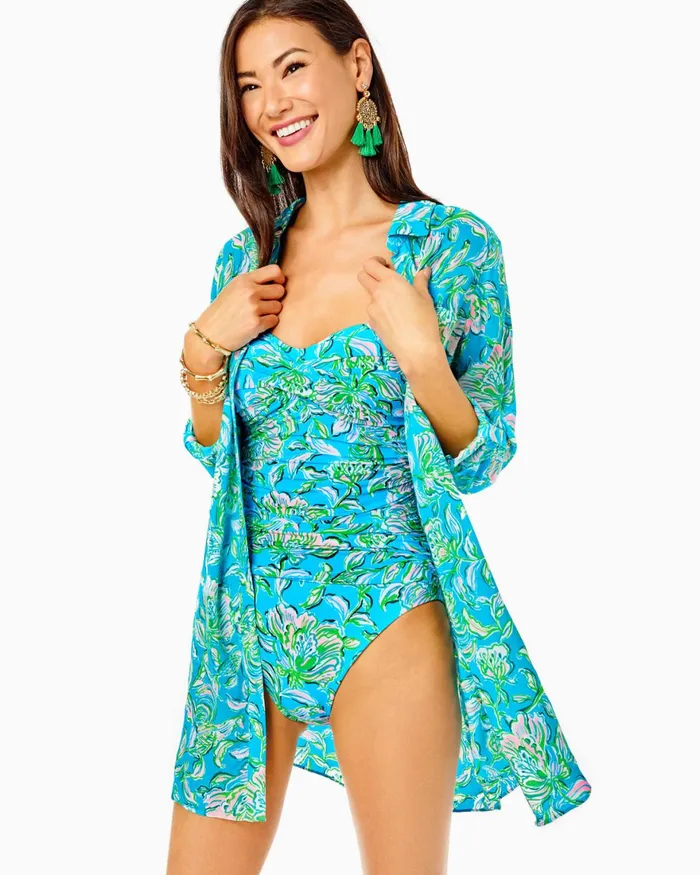 Swim Women Lilly Pulitzer Delphie OnePiece Swimsuit Cumulus Blue Seersucker Stripe Swim Women Lilly Pulitzer Delphie OnePiece Swimsuit Cumulus Blue Seersucker Stripe