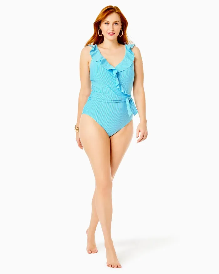 Swim Women Lilly Pulitzer Delphie OnePiece Swimsuit Cumulus Blue Seersucker Stripe Swim Women Lilly Pulitzer Delphie OnePiece Swimsuit Cumulus Blue Seersucker Stripe