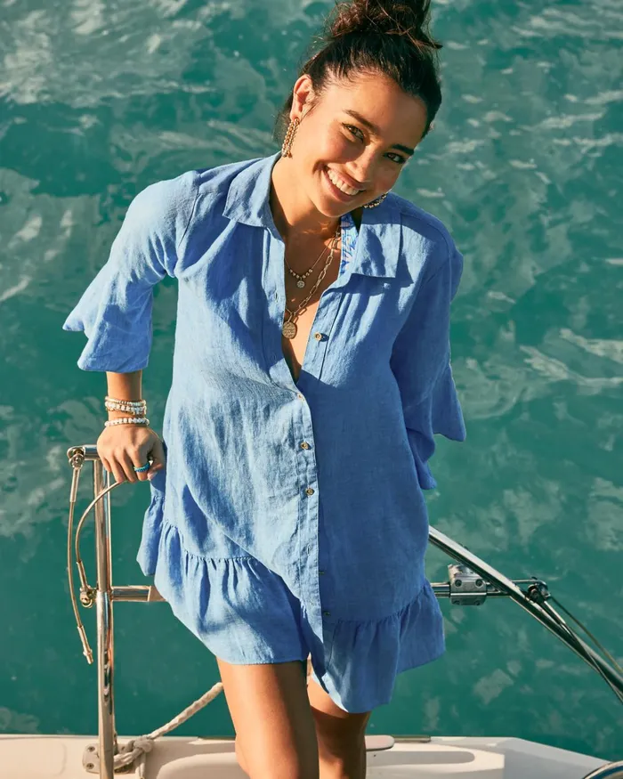 Swim Women Lilly Pulitzer Linley Collared CoverUp Beckon Blue X Sea Salt Blue