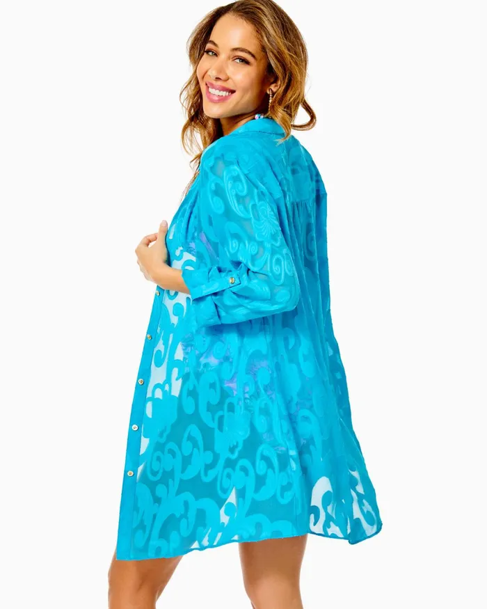 Swim Women Lilly Pulitzer Natalie Shirtdress CoverUp Cumulus Blue Poly Crepe Swirl Clip