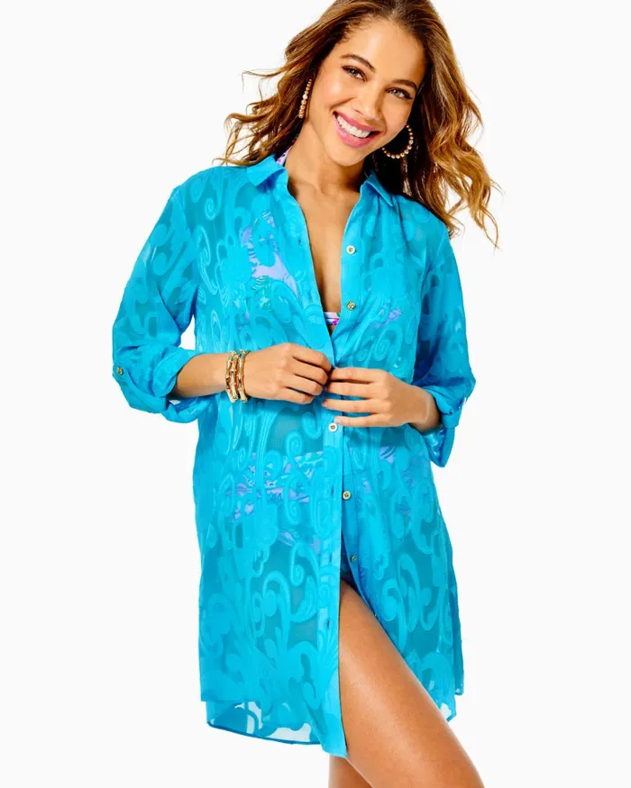 Swim Women Lilly Pulitzer Natalie Shirtdress CoverUp Cumulus Blue Poly Crepe Swirl Clip Swim Women Lilly Pulitzer Natalie Shirtdress CoverUp Cumulus Blue Poly Crepe Swirl Clip