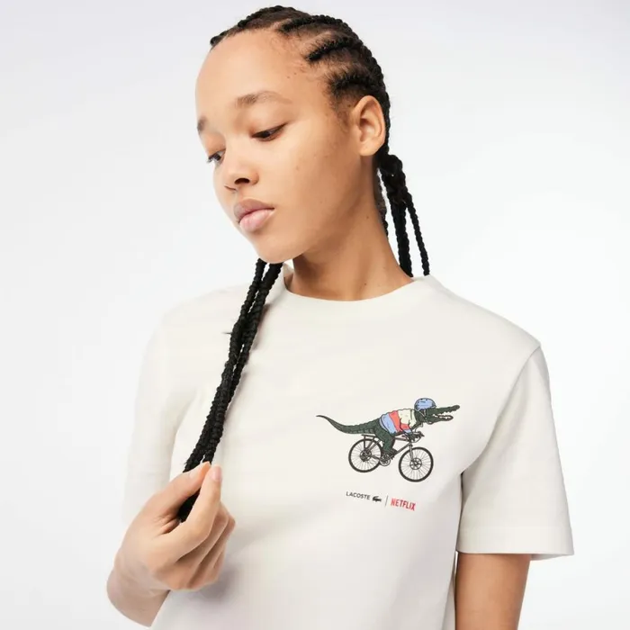 TShirts and Tops Women Lacoste Womens Lacoste X Netflix Organic Cotton Jersey TShirt White 70v