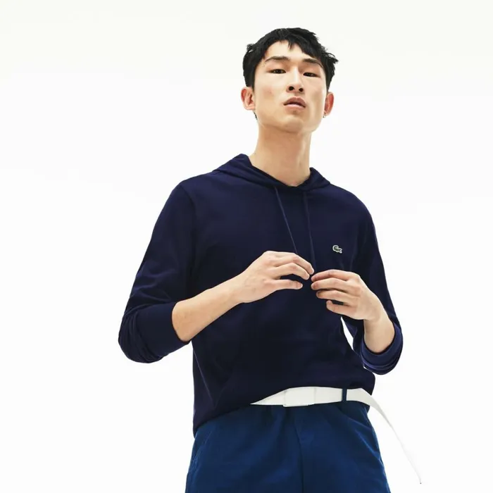 TShirts Men Lacoste Men039s Cotton Jersey Hooded TShirt Navy Blue 166