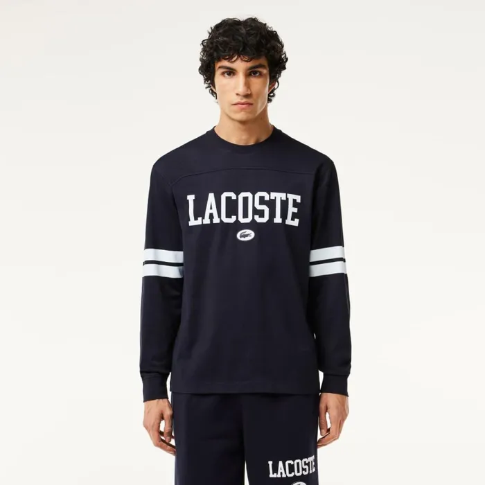 TShirts Men Lacoste Men039s Long Sleeve Brand Print TShirt Navy Blue White G45