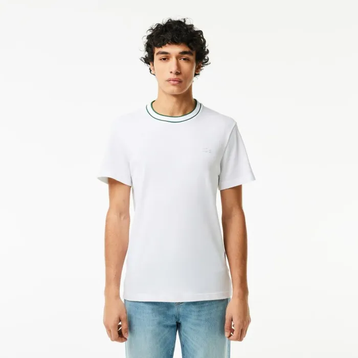 TShirts Men Lacoste Men039s Stretch Piqu Stripe Collar TShirt White 001