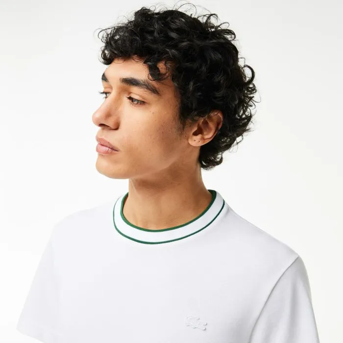 TShirts Men Lacoste Men039s Stretch Piqu Stripe Collar TShirt White 001