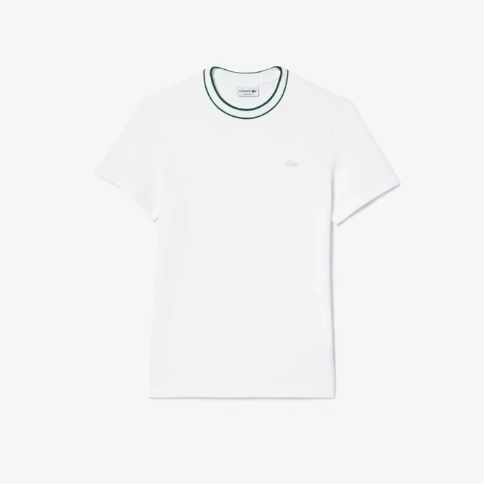 TShirts Men Lacoste Men039s Stretch Piqu Stripe Collar TShirt White 001