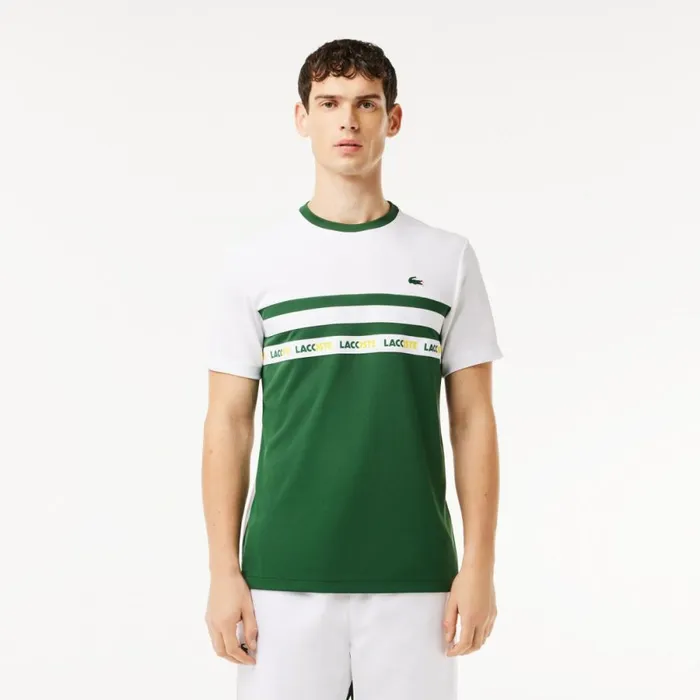 TShirts Men Lacoste Men039s UltraDry Logo Stripe Piqu Tennis TShirt Green White 291