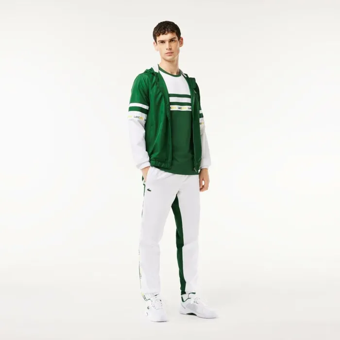 TShirts Men Lacoste Men039s UltraDry Logo Stripe Piqu Tennis TShirt Green White 291
