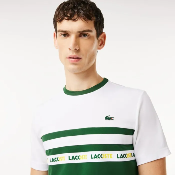 TShirts Men Lacoste Men039s UltraDry Logo Stripe Piqu Tennis TShirt Green White 291