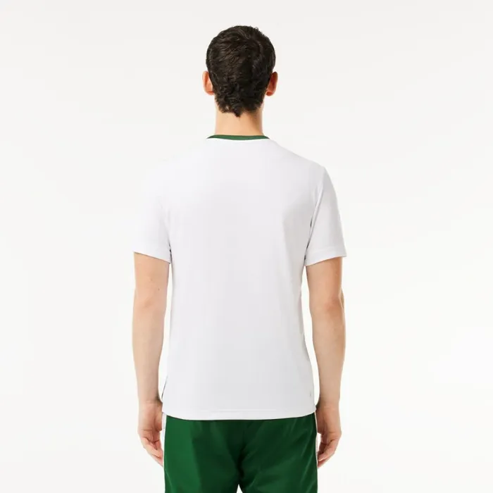 TShirts Men Lacoste Men039s UltraDry Logo Stripe Piqu Tennis TShirt Green White 291