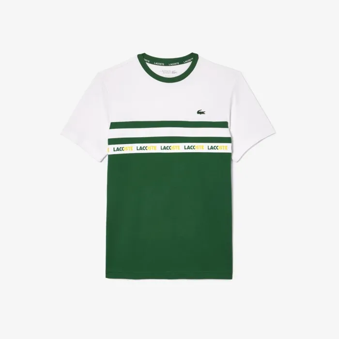 TShirts Men Lacoste Men039s UltraDry Logo Stripe Piqu Tennis TShirt Green White 291