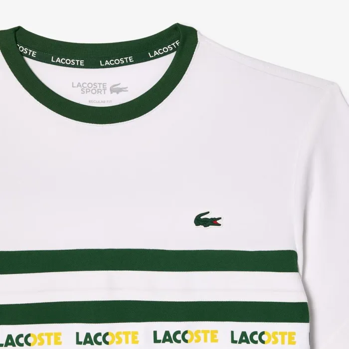 TShirts Men Lacoste Men039s UltraDry Logo Stripe Piqu Tennis TShirt Green White 291