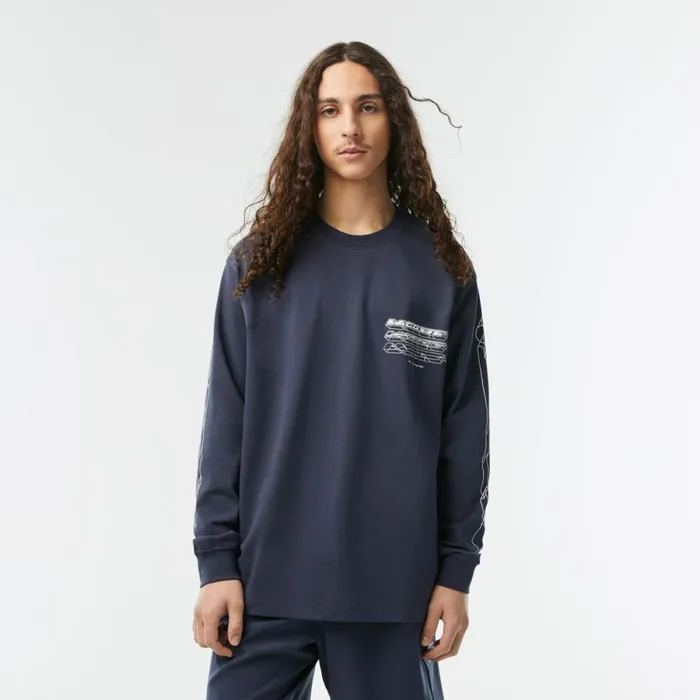 TShirts Men Lacoste Mens Loose Fit Cotton Jersey Long Sleeve TShirt Blue Kxe