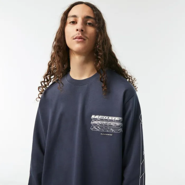 TShirts Men Lacoste Mens Loose Fit Cotton Jersey Long Sleeve TShirt Blue Kxe