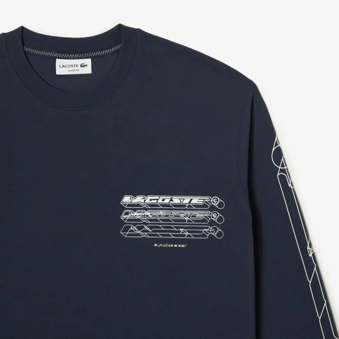TShirts Men Lacoste Mens Loose Fit Cotton Jersey Long Sleeve TShirt Blue Kxe