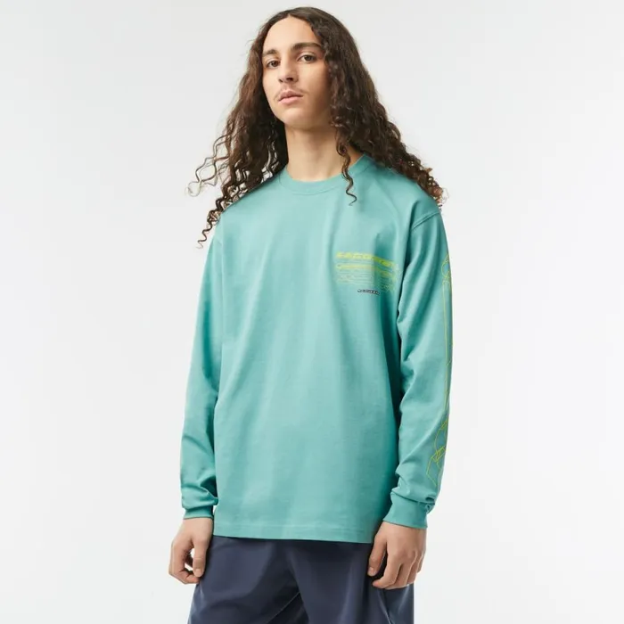 TShirts Men Lacoste Mens Loose Fit Cotton Jersey Long Sleeve TShirt Green 3a4