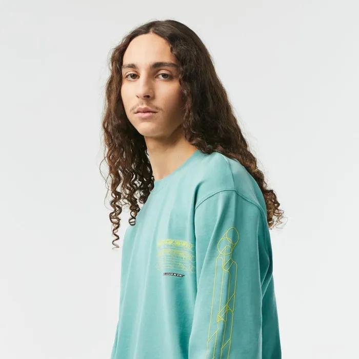 TShirts Men Lacoste Mens Loose Fit Cotton Jersey Long Sleeve TShirt Green 3a4