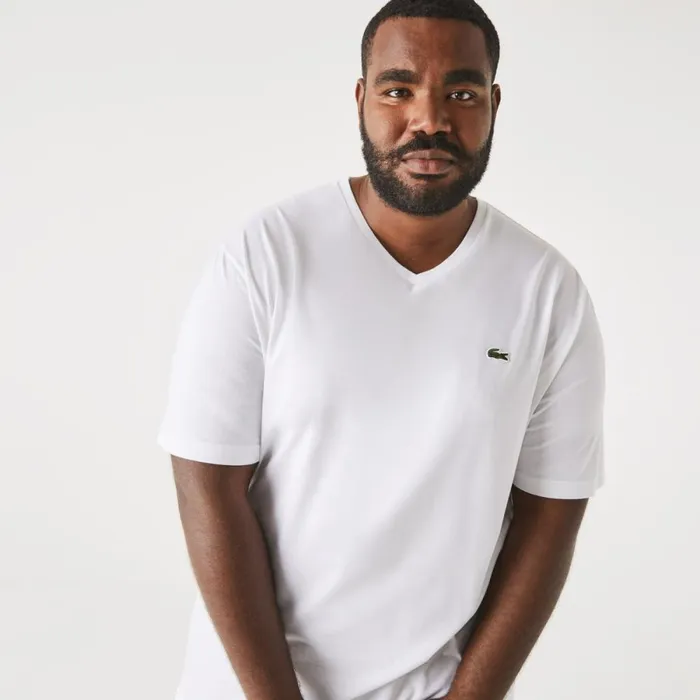 TShirts Men Lacoste Mens Tall Fit Ribbed VNeck Cotton TShirt White 001