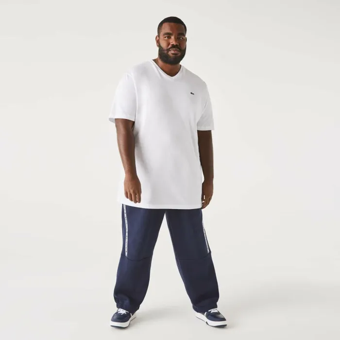 TShirts Men Lacoste Mens Tall Fit Ribbed VNeck Cotton TShirt White 001