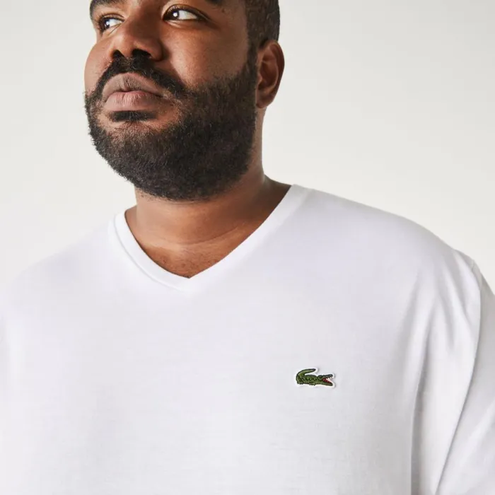 TShirts Men Lacoste Mens Tall Fit Ribbed VNeck Cotton TShirt White 001