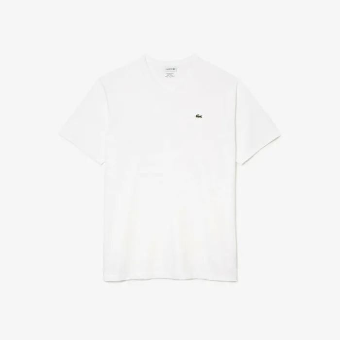 TShirts Men Lacoste Mens Tall Fit Ribbed VNeck Cotton TShirt White 001