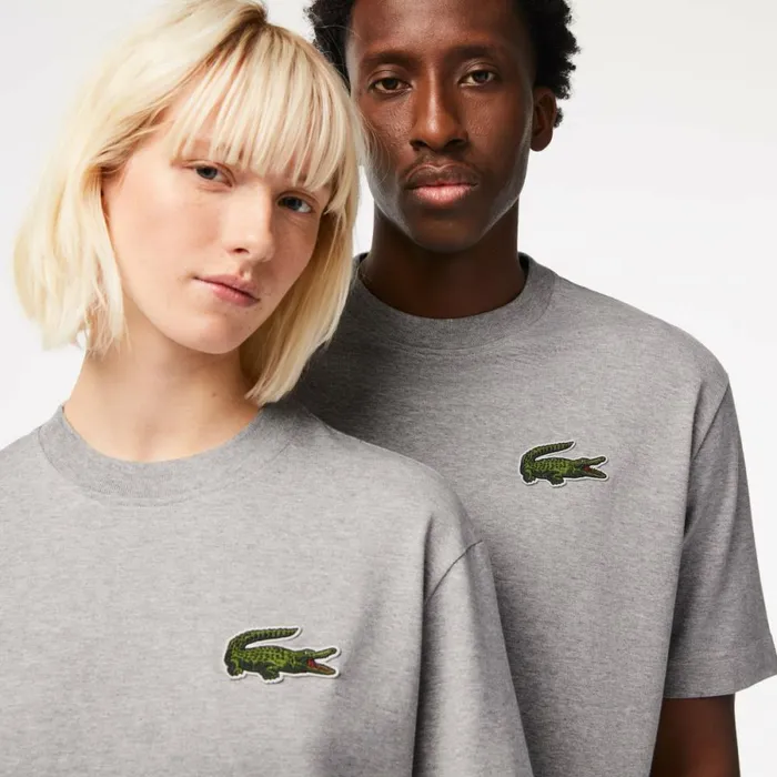 TShirts MenWomen Lacoste Unisex Loose Fit Large Croc Organic Heavy Cotton TShirt Grey Chine Cca