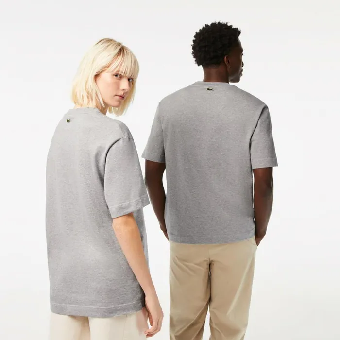 TShirts MenWomen Lacoste Unisex Loose Fit Large Croc Organic Heavy Cotton TShirt Grey Chine Cca
