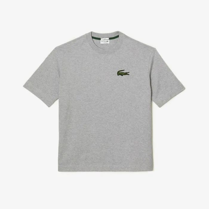 TShirts MenWomen Lacoste Unisex Loose Fit Large Croc Organic Heavy Cotton TShirt Grey Chine Cca