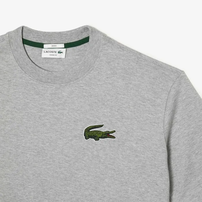 TShirts MenWomen Lacoste Unisex Loose Fit Large Croc Organic Heavy Cotton TShirt Grey Chine Cca