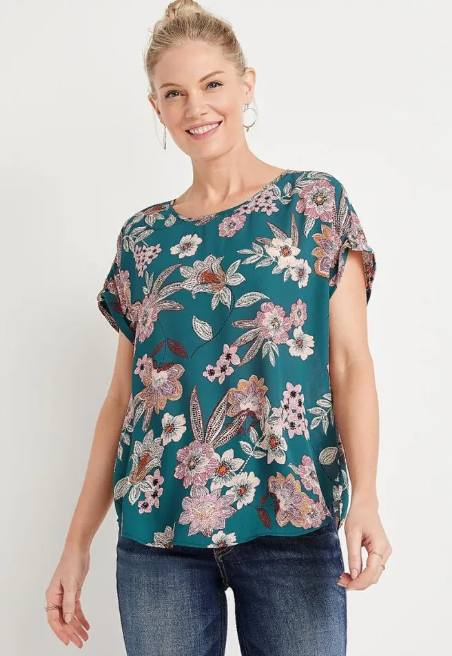 Teal Floral Zipper Back Blouse Women Maurices Tops