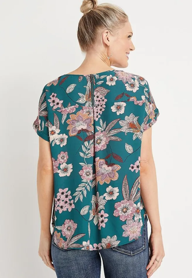 Teal Floral Zipper Back Blouse Women Maurices Tops