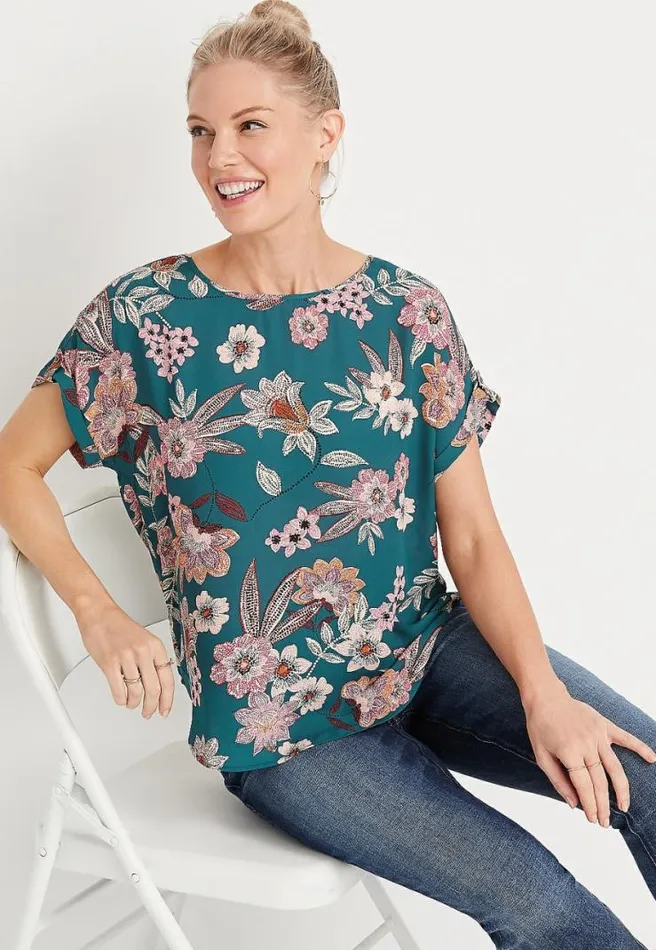 Teal Floral Zipper Back Blouse Women Maurices Tops