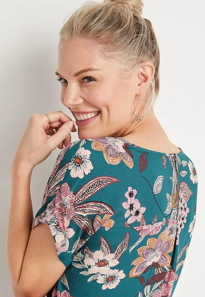 Teal Floral Zipper Back Blouse Women Maurices Tops