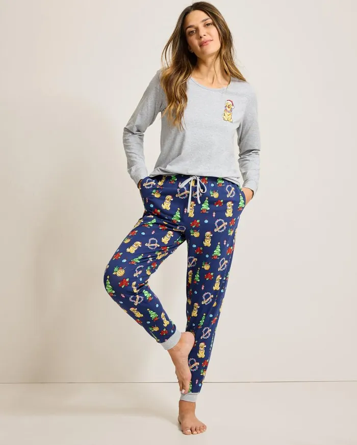 Tommy Bahama Sleepwear Holiday Dog Long Sleeve and Pants Family Pajama Set Island Navy 8211 Women