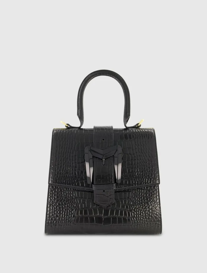 Top Handle Bags Mac Duggal Women Buckled Medium Croco Black Leather Handbag with Detachable Strap Black