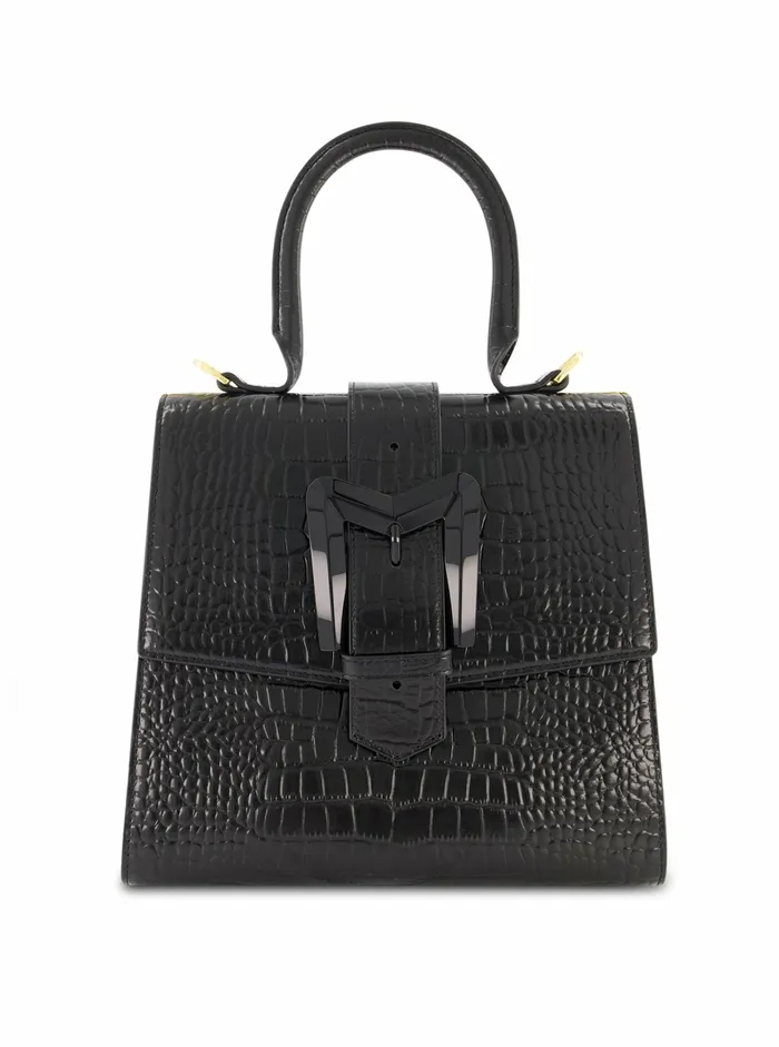 Top Handle Bags Mac Duggal Women Buckled Medium Croco Black Leather Handbag with Detachable Strap Black