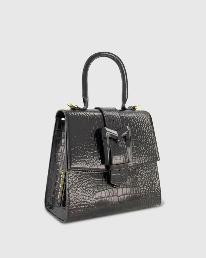 Top Handle Bags Mac Duggal Women Buckled Medium Croco Black Leather Handbag with Detachable Strap Black