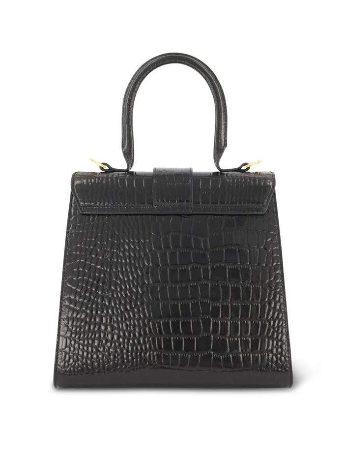 Top Handle Bags Mac Duggal Women Buckled Medium Croco Black Leather Handbag with Detachable Strap Black