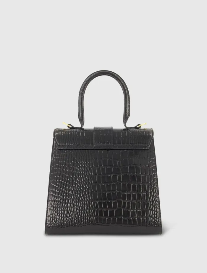 Top Handle Bags Mac Duggal Women Buckled Medium Croco Black Leather Handbag with Detachable Strap Black