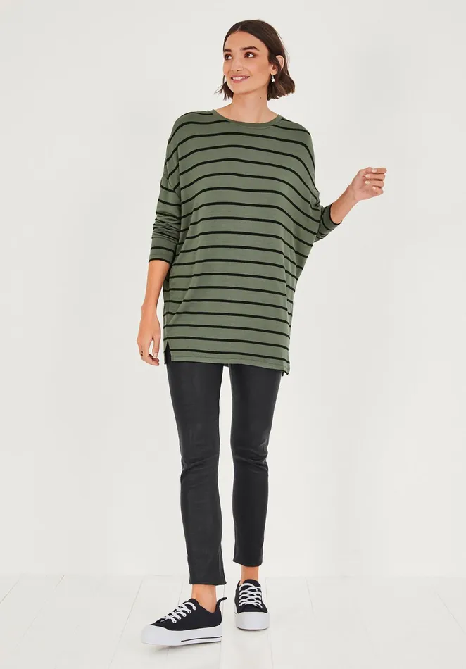 Tops and TShirts Women Hush Wide Jersey Top Khakiblack Stripe