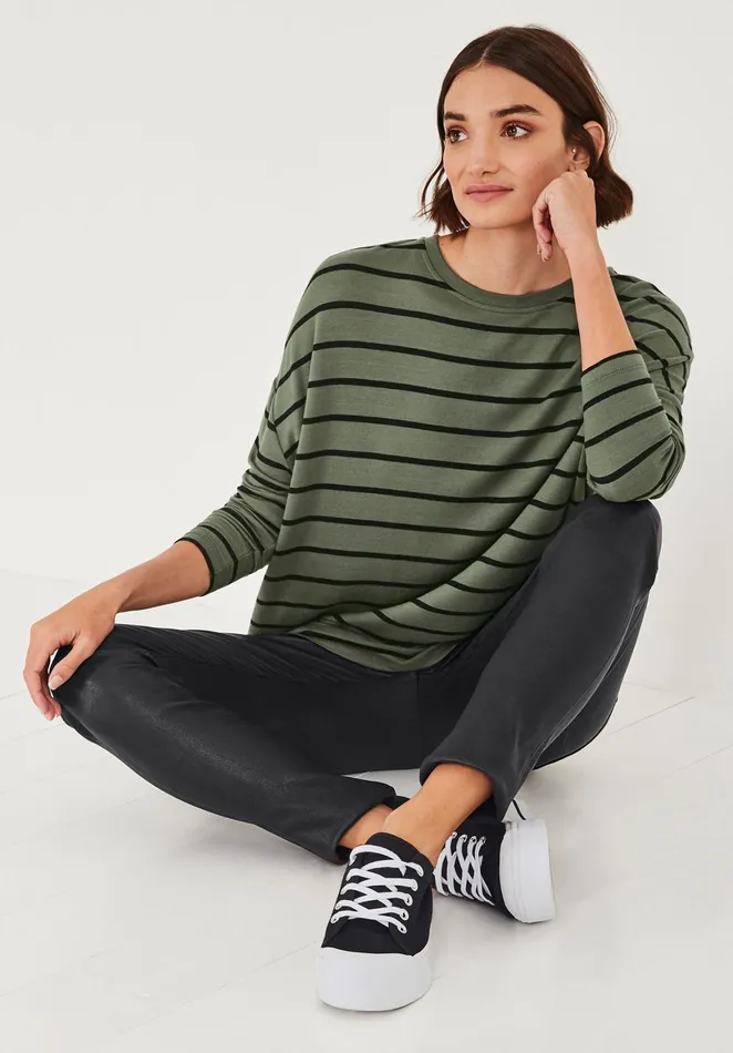 Tops and TShirts Women Hush Wide Jersey Top Khakiblack Stripe