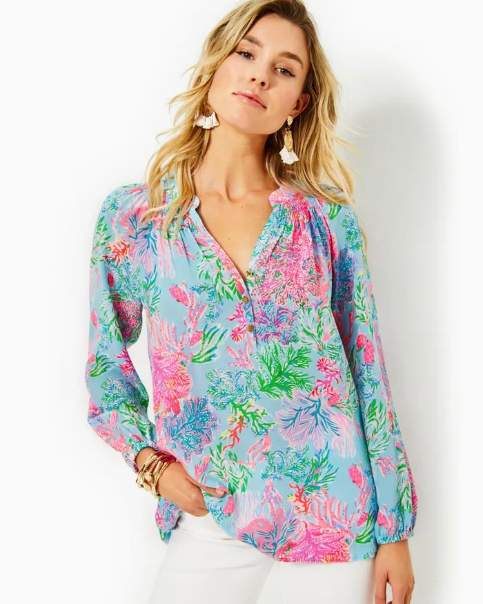Tops WomenHome and Gifts Lilly Pulitzer Elsa Silk Top Celestial Blue Cay To My Heart Tops WomenHome and Gifts Lilly Pulitzer Elsa Silk Top Celestial Blue Cay To My Heart