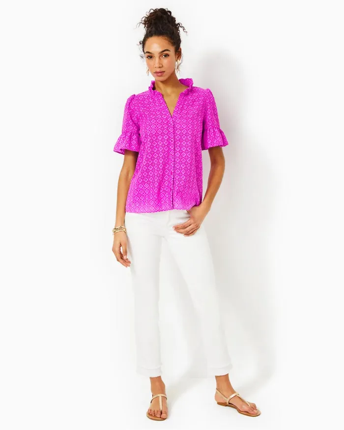 Tops Women Lilly Pulitzer Calynn Eyelet Button Down Top Wild Fuchsia Ditsy Diamond Poly Eyelet Tops Women Lilly Pulitzer Calynn Eyelet Button Down Top Wild Fuchsia Ditsy Diamond Poly Eyelet