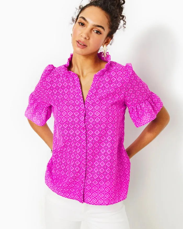 Tops Women Lilly Pulitzer Calynn Eyelet Button Down Top Wild Fuchsia Ditsy Diamond Poly Eyelet Tops Women Lilly Pulitzer Calynn Eyelet Button Down Top Wild Fuchsia Ditsy Diamond Poly Eyelet
