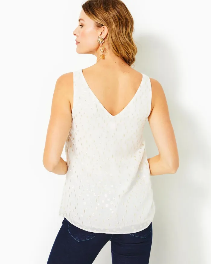Tops Women Lilly Pulitzer Florin Straight Hem Top Coconut Viscose Metallic Clip Dobby