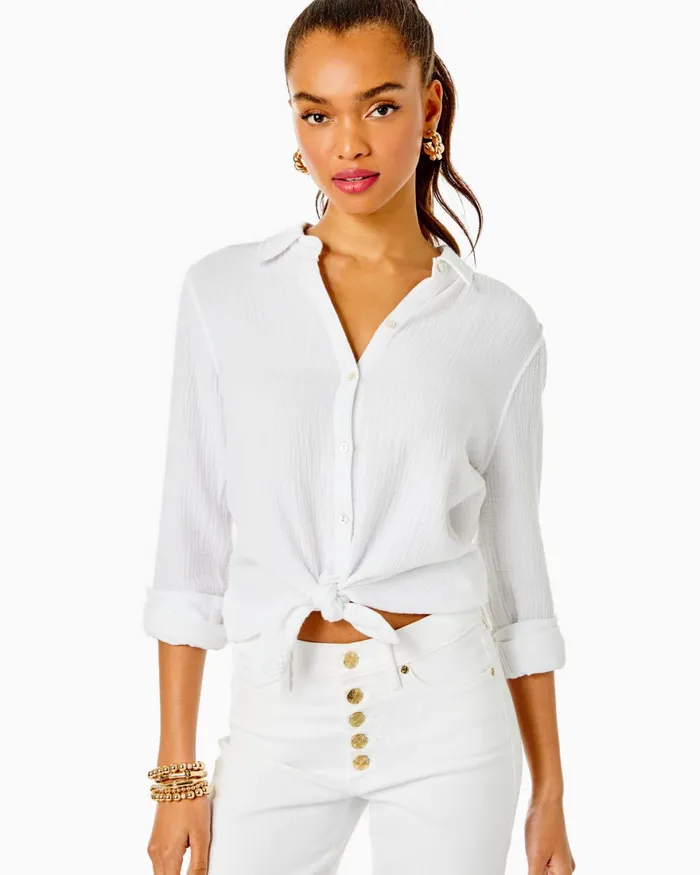 Tops Women Lilly Pulitzer Geanie Button Down Top Resort White